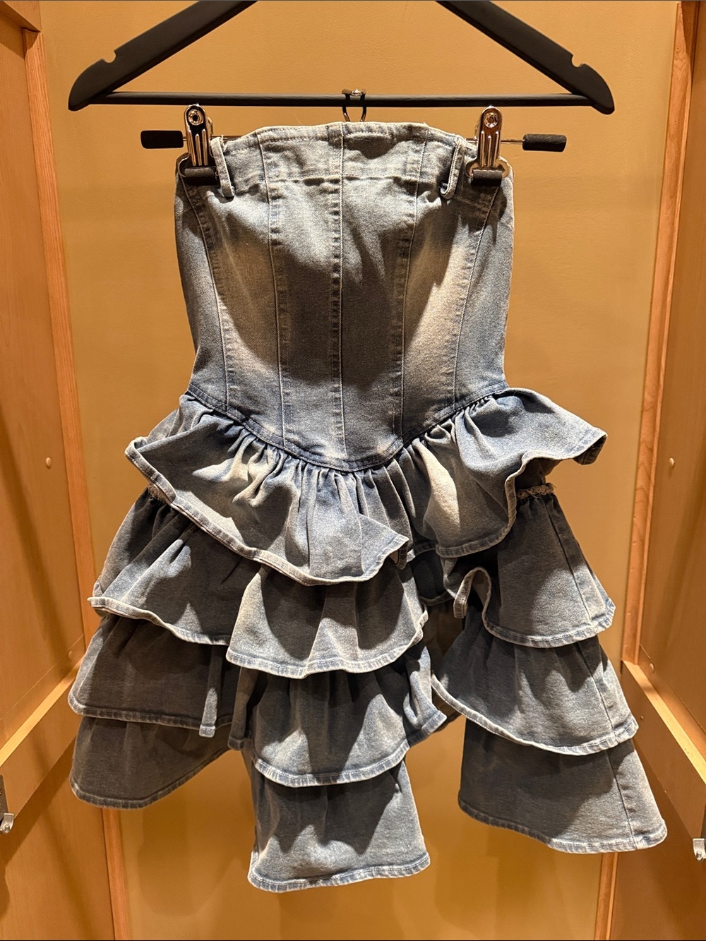 Sandro Light Blue Denim Ruffled Mini Dress